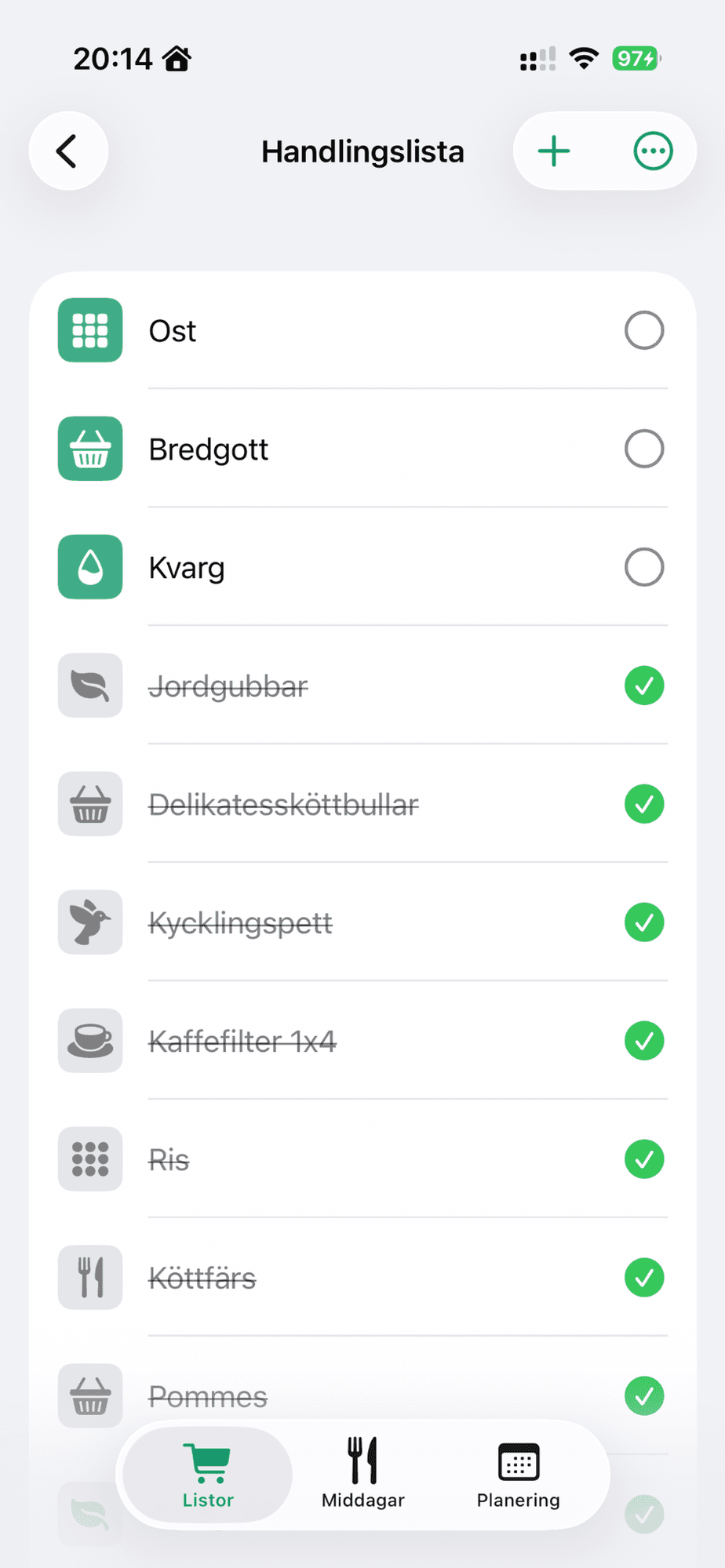 En handlingslista med avbockade och ej avbockade varor