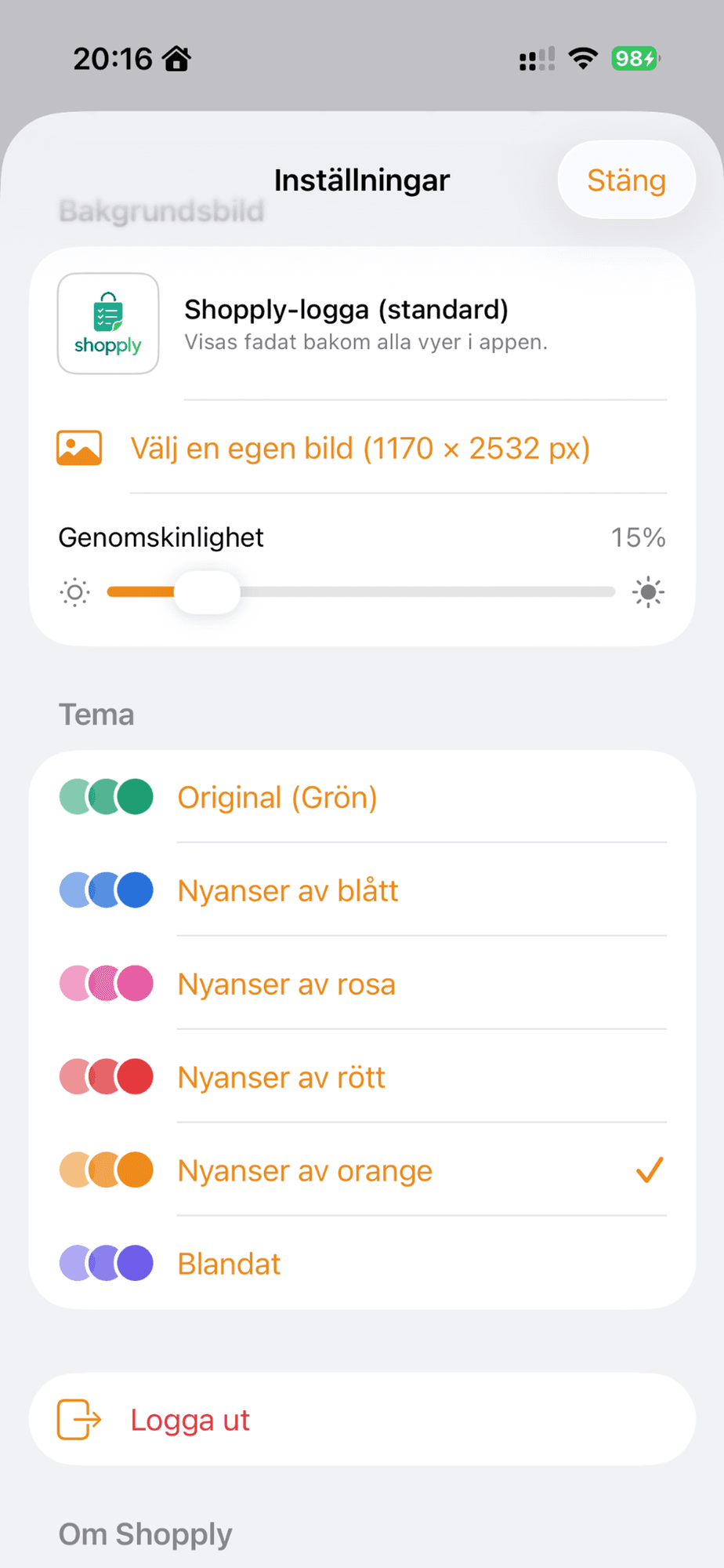 Inställningar för bakgrundsbild och färgtema