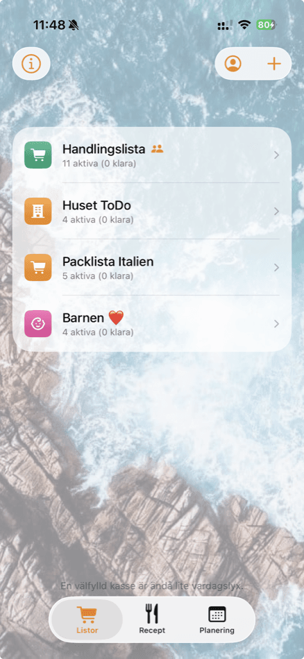 Skärmbild av Shopplys listvy med handlingslista, barnens lista och fler listor