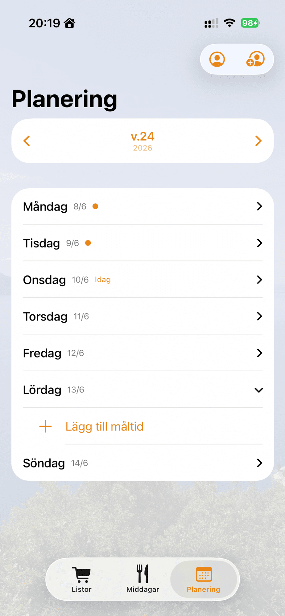 Veckoplanering med dagar och tillagda måltider